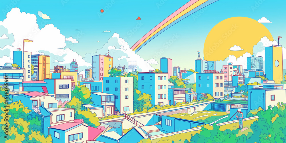 custom made wallpaper toronto digital80年代レトロポップな配色で描かれた近未来の高層ビル群と青空が広がる都市風景イラスト|ピンクとブルーのコントラストが印象的なポップアートスタイルの街並み背景素材