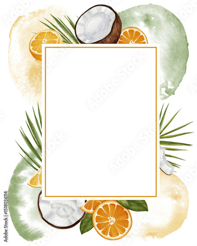  A frame with watercolor illustrations of tropical fruits and leaves, including coconuts, oranges, and palm leaves, on  background with watercolor washes