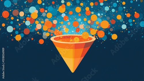 Abstract art of colorful circles falling into a cone-shaped container against a dark background.