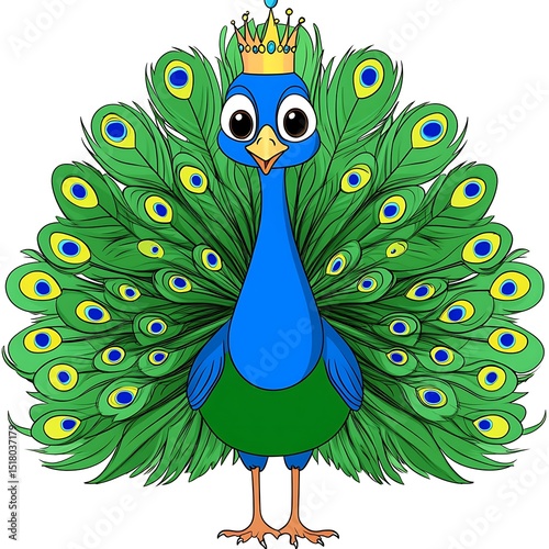 Adorable peacock cartoon character with a crown and vibrant plumage isolated on white