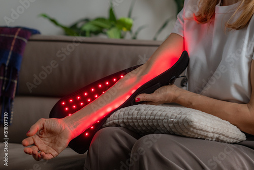 Red light therapy pad used at home relieves a womans elbow pain from strain or injury. It boosts blood flow and aids tissue healing, enhancing comfort and mobility with non-invasive care