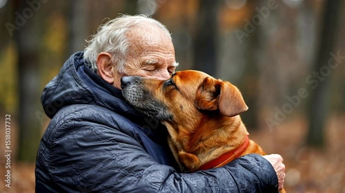 A senior man enjoying a tender moment with his dog outdoors.