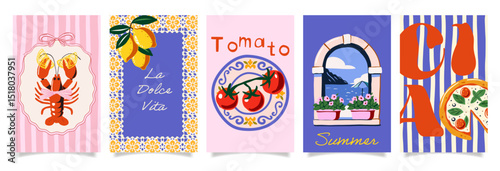 Italian summer postcard set with lobster, lemons, tomato, pizza, window view, coastal landscape, handwritten text, Mediterranean food and travel theme, colorful vector collection
