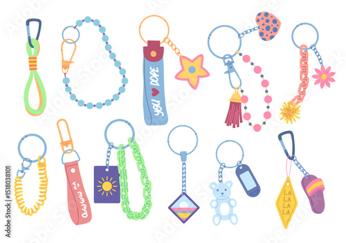 Cartoon Color Different Keychains and Keyrings Set Decorative Key Holder Concept Flat Design Style. Vector illustration