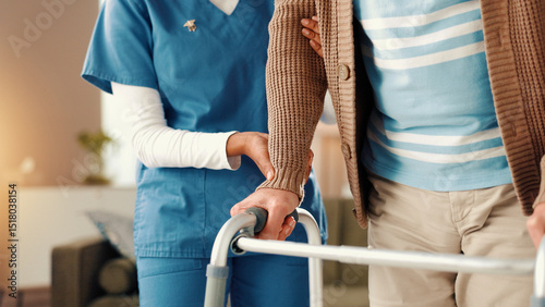 Fotografija Nurse, help and elderly patient with walker for assisted living, mobility or healthcare at house