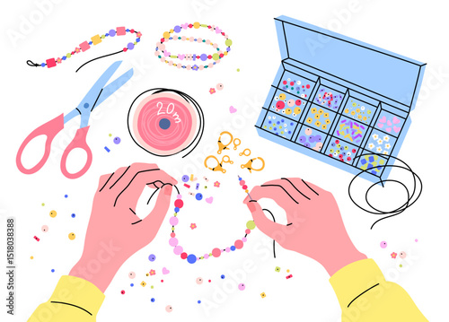 Cartoon Color Hand Making Accessories DIY Project Concept Flat Design Style with Elements Thin Line. Vector illustration