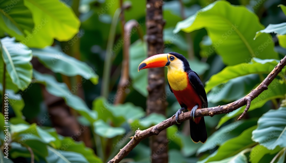 Fototapeta premium a colorful toucan perched on a branch amidst lush greenery