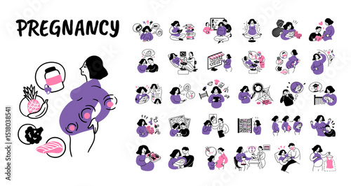 Cartoon Color Pregnancy Scenes Concept Set Flat Design Style with Elements Thin Line. Vector illustration of Planning and Reproductive Function Problems
