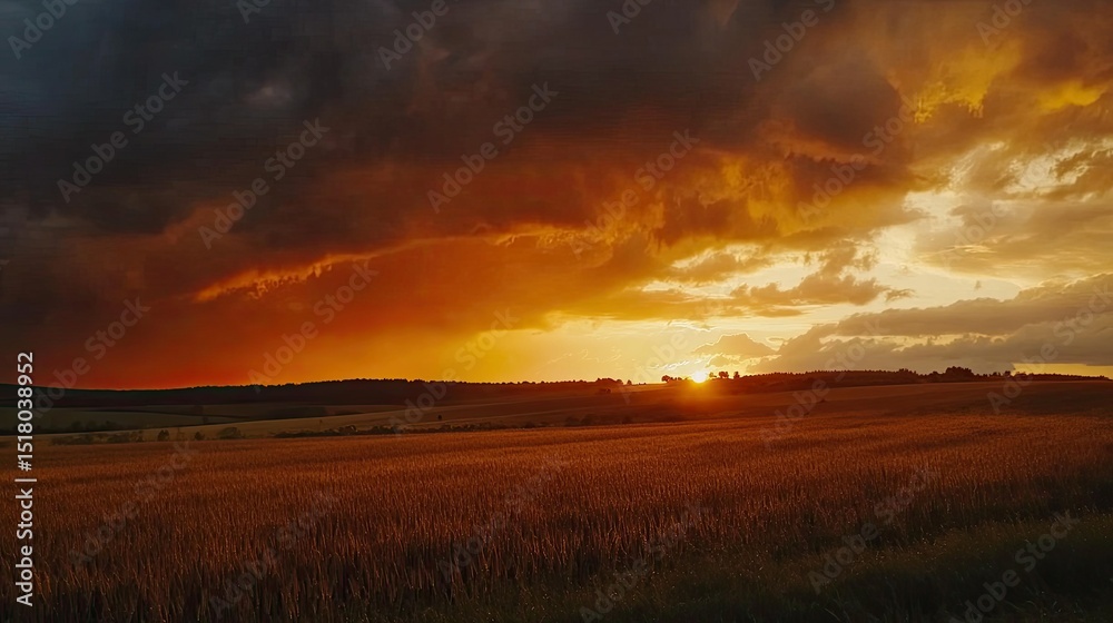 Fototapeta premium Breathtaking Sunset Over Golden Field with Dramatic Clouds and Vibrant Sky Colors Perfect for Nature and Landscape Photography