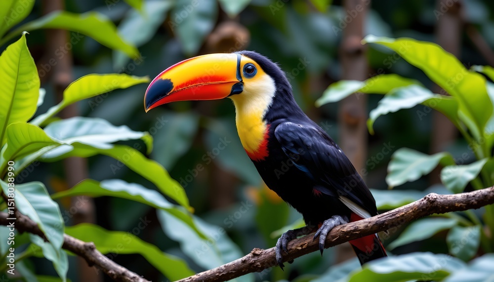 Obraz premium in a lush, tropical setting, a vibrant toucan perches confidently on a tree branch, its bright colors contrasting with the verdant surroundings