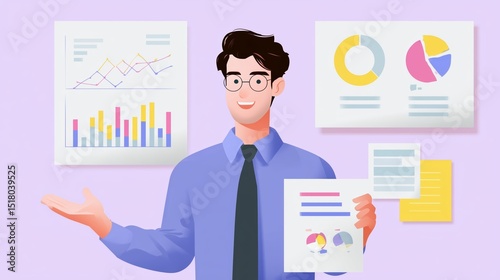 Business professional presenting data analysis with charts and graphs in a modern office space