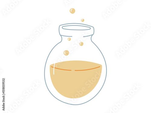 Vector flat isolated illustration of a round glass flask filled with yellow liquid and bubbles. Perfect for educational materials, school science designs, chemistry lessons, and fun learning projects.