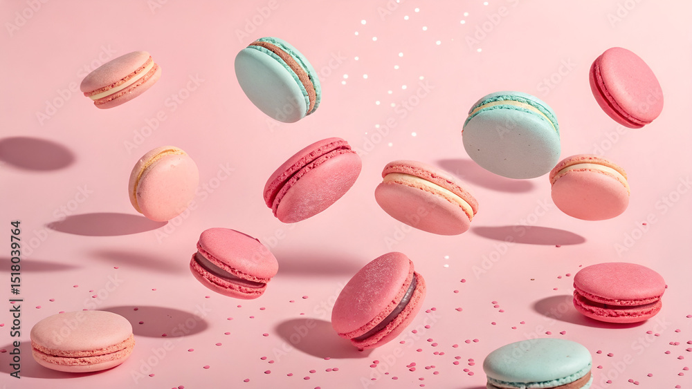 Fototapeta premium Floating Pastel Macarons on Pink Background