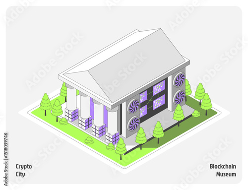 Cartoon Color Blockchain Museum Building Architecture Crypto City Concept 3d Isometric View Line Elements. Vector illustration