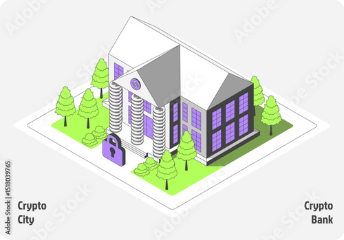 Cartoon Color Bank Building Architecture Crypto City Concept 3d Isometric View Line Elements. Vector illustration of Banking Service