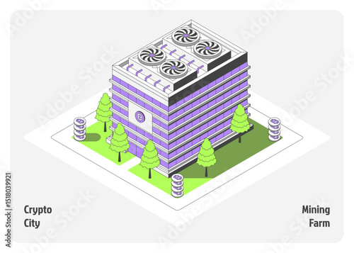 Cartoon Color Mining Farm Building Architecture Crypto City Concept 3d Isometric View Line Elements. Vector illustration of Cryptomining
