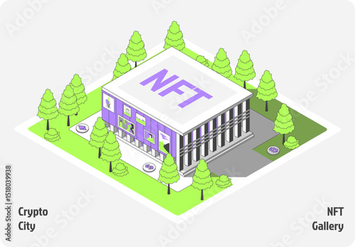 Cartoon Color NFT Gallery Building Architecture Crypto City Concept 3d Isometric View Line Elements. Vector illustration