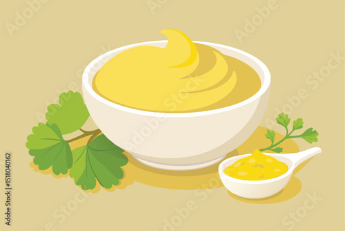 Bowl of Mustard with Spoon and Parsley on a Beige Background