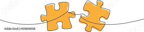 continuous single line drawing of two jigsaw puzzle pieces, line art vector illustration