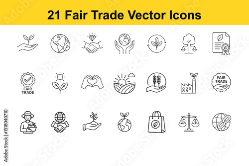 Fair Trade & Sustainability Line Icons – Ethical, Eco-Friendly, Global Responsibility Vector Set