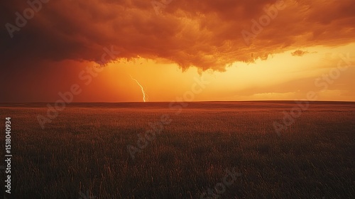 Dramatic Sunset Over Open Field with Lightning Striking Under Dark Stormy Clouds and Vibrant Orange Sky