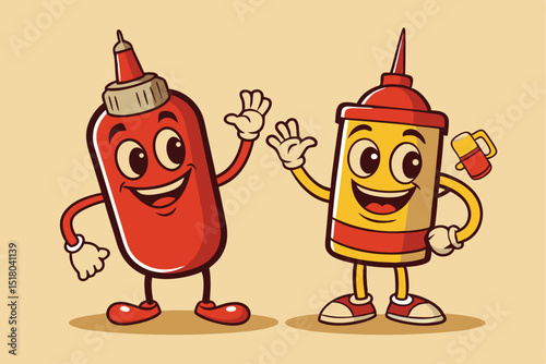 Friendly Ketchup and Mustard Bottles Two cartoon condiment