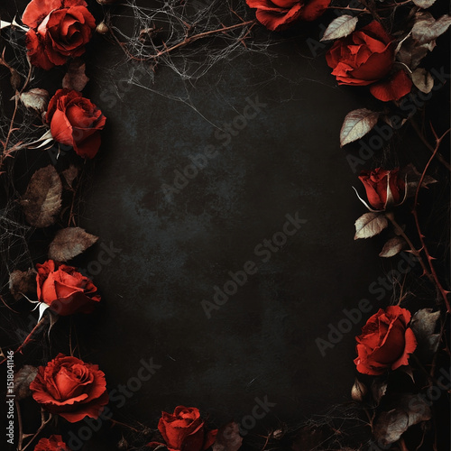 Fototapeta Naklejka Na Ścianę i Meble -  Dark floral arrangement of red roses with thorns and a cobweb effect on a textured black background