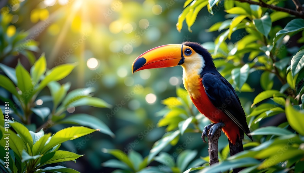 Obraz premium a vibrant tropical scene featuring a multicolored toucan perched amidst lush green foliage. the sun shines brightly through the leafy canopy, creating a warm and inviting atmosphere