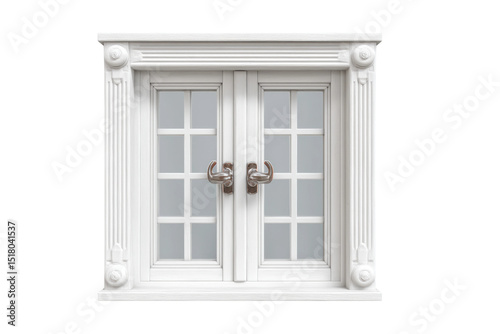PNG Elegant white double casement window with grid design and ornate frame details
