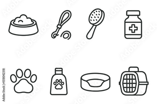 Pet care set. essential pet items linear icons. bowl, leash, brush, medicine, paw, carrier vector icons.
