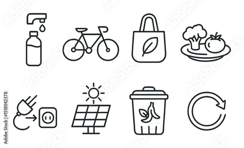Sustainable living set. eco linear icons: bottle, bike, bag, meal, plug, solar, bin, recycle vector icons.