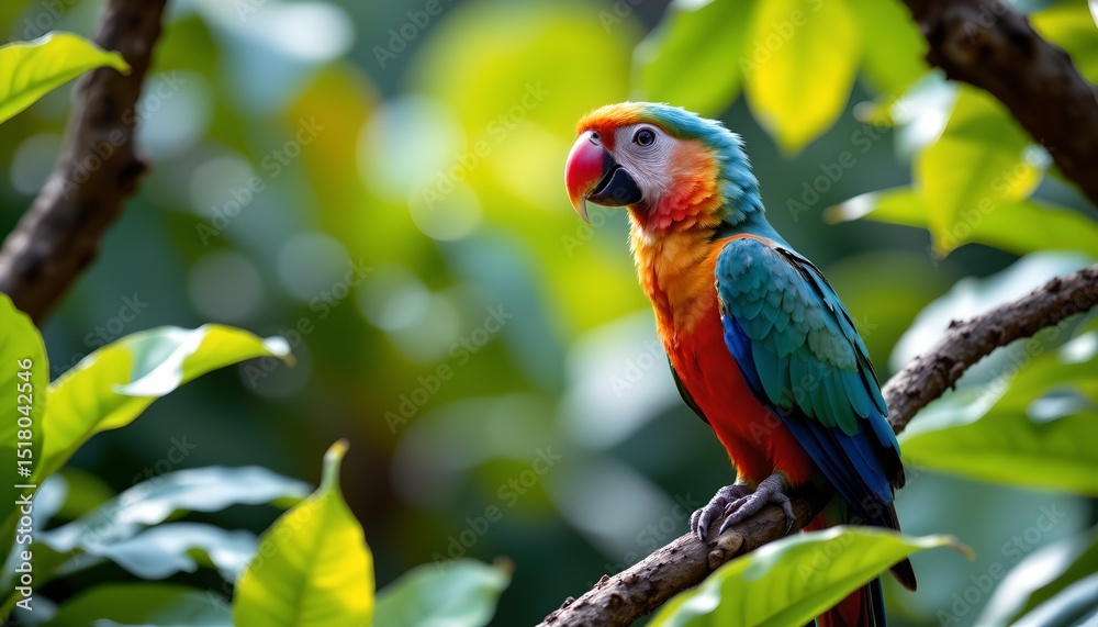 Obraz premium a vibrant parrot perched in a tree filled with lush green leaves. the parrot, with its bright plumage, stands out against the backdrop of greenery and the clear blue sky peeking through the canopy