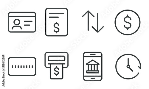 Banking finance icon set. money, atm, dollar, card, clock, chart silhouette vector icons.