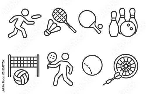 Outdoor sports equipment set. linear badminton, tennis, bowling, volleyball, ping pong, darts icons