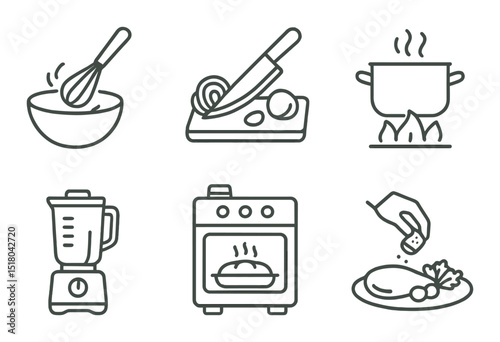 Kitchen tools set. cooking equipment linear whisk, knife, pot, blender, oven vector icons