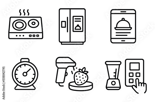 Kitchen appliance set. home cooking linear tools. stove, fridge, blender, timer vector icons.