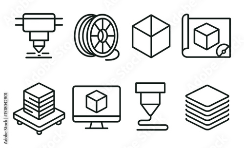 3d printing set. linear 3d printing tools. printer, filament, nozzle, cube vector icons.