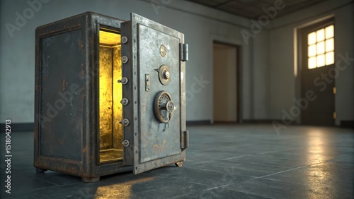 Antique vault door open revealing mysterious interior with gleaming gold light in a grungy environment
