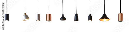 Collection of pendant lamps in various shapes and metallic finishes