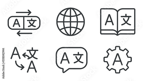 Translation language icon set. communication, globe, book, speech, gear silhouette vector icons