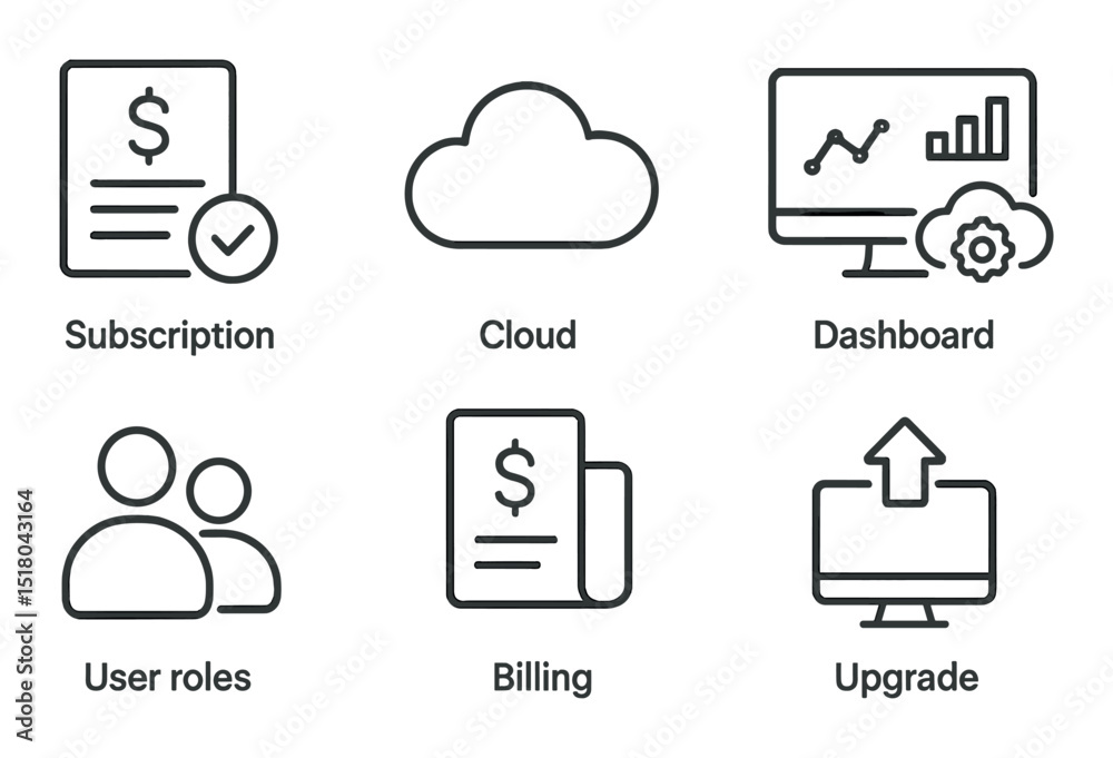 Subscription icon set. saas management linear icons: subscription, cloud, dashboard, billing, upgrade, user roles vector icons