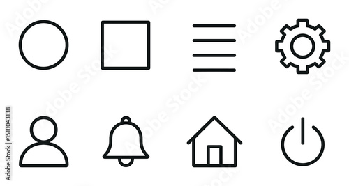 Basic shape set. minimalist flat icons: circle, square, list, gear, user, bell, house, power vector icons.