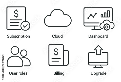 Subscription icon set. saas management linear icons: subscription, cloud, dashboard, billing, upgrade, user roles vector icons