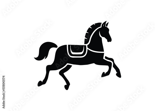 Black and white silhouette illustration of a horse in a dynamic jumping position on a white background