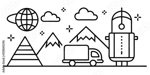 Delivery truck with robot, globe, mountains, and clouds icon design