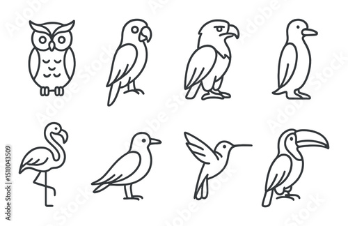 Bird icon set. avian silhouette owls, parrots, flamingos, hummingbirds vector icons.
