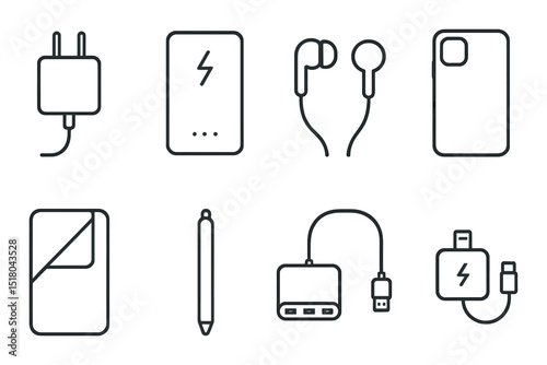 Tech accessory set. electronic gadgets linear icons. charger, power bank, earphones, phone case vector icons.