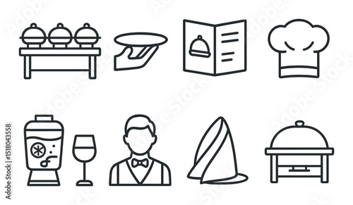 Catering services icon set. dining linear icons: plate, menu, chef, beverage, waiter vector icons.