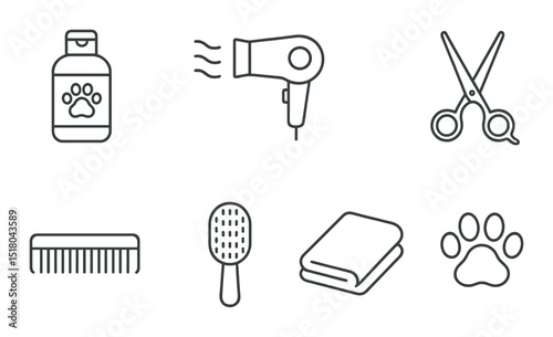 Pet grooming set. animal care silhouette icons. brush, dryer, scissors, comb, paw vector icons.