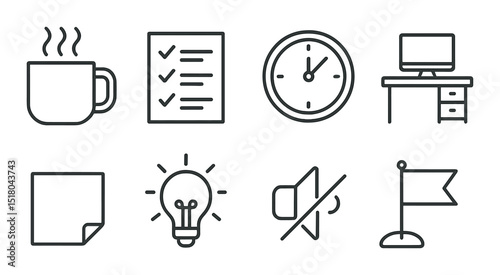 Office tools set. workplace essentials silhouette icons: mug, checklist, clock, computer vector icons.